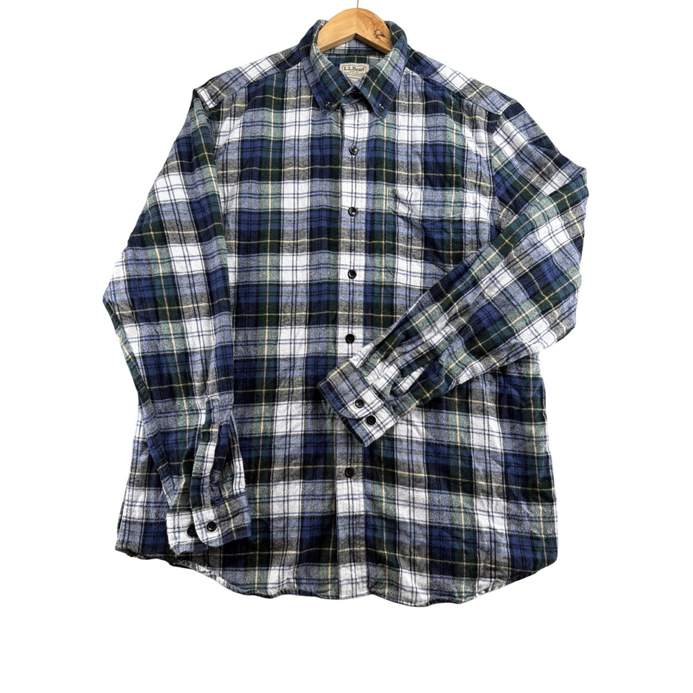 LL Bean Mens Flannel Shirt Blue Green Plaid Traditional Fit Cotton M 228061